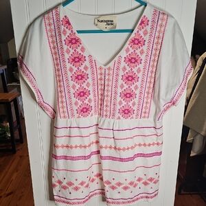 Savanna Jane White Tunic with Pink Embroidered Geometric Detail